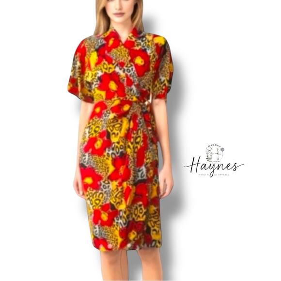 ADRIANNA PAPELL | 100% SILK Vintage Cheetah Multi-Print Floral Wrap Dress - Picture 1 of 13